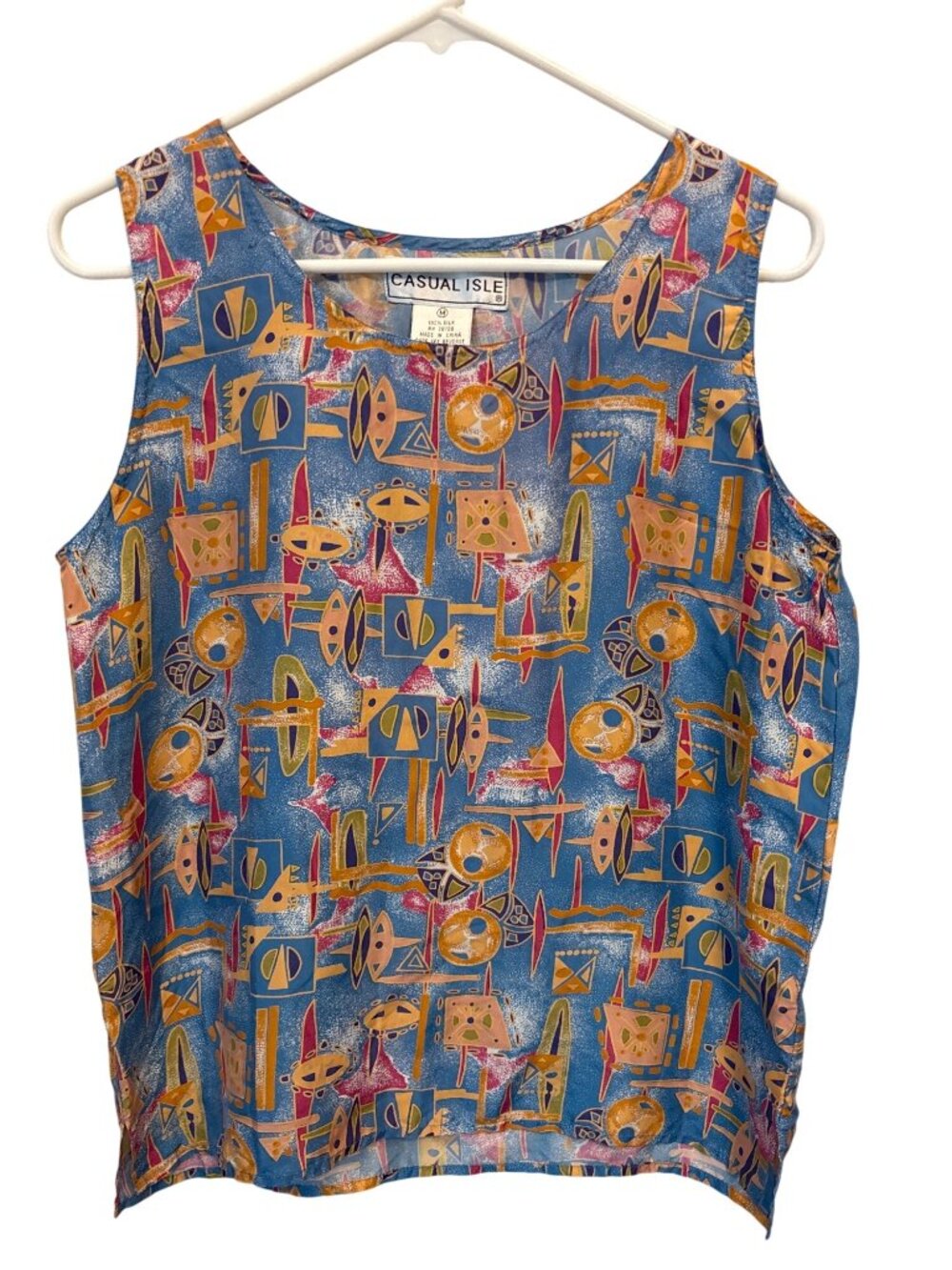 90s Vintage Casual Isle Tank Top Size Medium Geometric Sleeveless Silk Retro